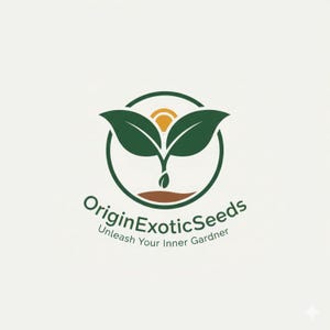 Puede incluir: Logotipo de Origin Exotic Seeds, con un c&iacute;rculo verde y un dise&ntilde;o de brote. El brote tiene dos hojas verdes y un sol amarillo. El texto "Origin Exotic Seeds" y "Unleash Your Inner Gardener" est&aacute;n debajo.