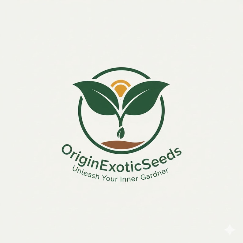 Puede incluir: Logotipo de Origin Exotic Seeds, con un c&iacute;rculo verde y un dise&ntilde;o de brote. El brote tiene dos hojas verdes y un sol amarillo. El texto "Origin Exotic Seeds" y "Unleash Your Inner Gardener" est&aacute;n debajo.