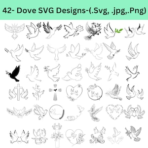 Peut inclure: Un ensemble de 42 designs de colombes SVG en noir et blanc. Les colombes sont représentées dans diverses poses, notamment en vol, perchées et tenant des branches d'olivier. Certaines conceptions présentent des cœurs, des croix et d'autres éléments décoratifs.