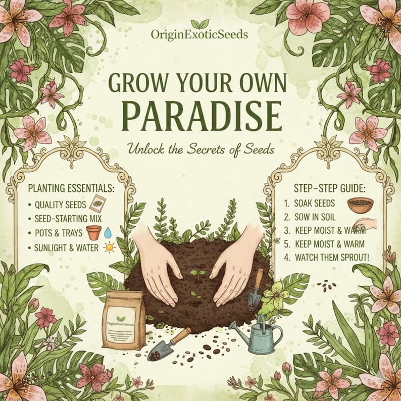 Puede incluir: Gu&iacute;a ilustrada para la jardiner&iacute;a, con el texto "Grow Your Own Paradise". La imagen presenta los elementos esenciales para la plantaci&oacute;n y una gu&iacute;a paso a paso. Incluye una bolsa de semillas, tierra y herramientas de jardiner&iacute;a, rodeado de ilustraciones florales.