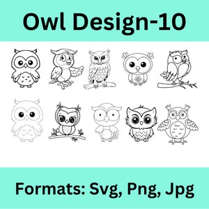 May include: A set of ten black and white owl illustrations in various poses. The owls are drawn in a simple, cartoon style. The illustrations are perfect for use in crafts, scrapbooking, or digital design.