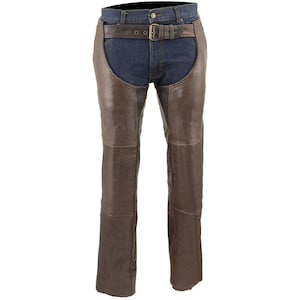 Leather Men&#39;s Retro Brown Premium Leather Motorcycle Rider Chaps Snap Out Thermal Liner 4-Pockets- Mens Leather Chaps, Custom Leather Chaps