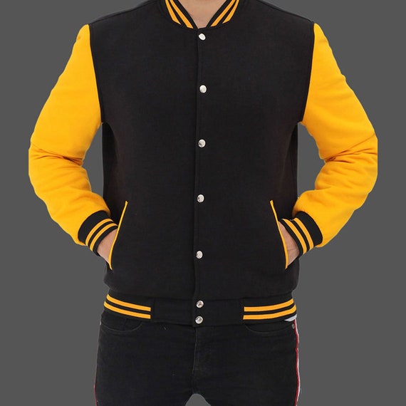 Unisex Varsity Jacket Baseball Letterman Jackets Wool Body Bomber College American Style Black Yellow Jacket Custom Jacket Winter Jackets Etsy Canada