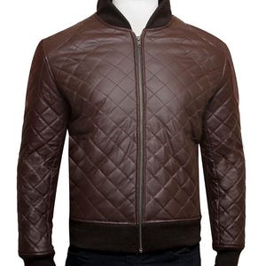 Men&#39;s Brown Bomber Quilted Jacket, Handmade Men Black Diamond Quilted Bomber Leather Jacket | Quilted Leather Winter Bomber Jacket for Men
