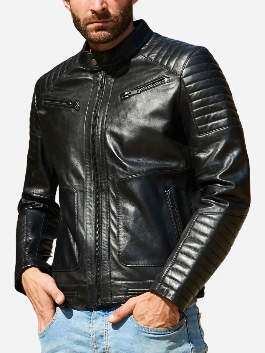 Men Designer Cafe Racer Leather Jacket With Quilted