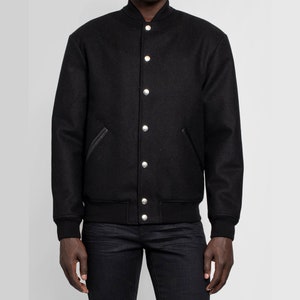 Unisex Vintage Black Wool Varsity Jacket Men Wool Leather Snap Button Jacket Bomber Jacket College University Varsity Size S-7XL Mens Womens