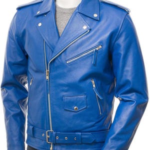 Men&#39;s Handmade Blue Biker Genuine Soft Leather Jacket-Men Real Lambskin Leather Jacket-Motorcycle Vintage 80&#39;s Style Leather Zipper Jacket