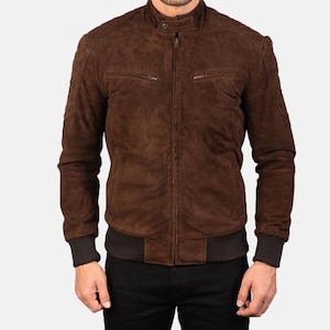 Blouson homme en cuir souple marron véritable, Blouson motard camionneur en cuir véritable marron pour homme, Blouson moto en daim coupe slim