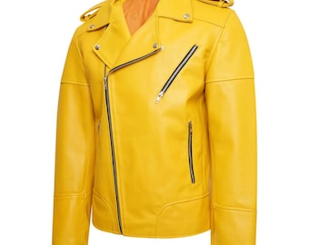 Handmade Men&#39;s Leather Jacket Lambskin Casual Yellow Leather Biker Jacket Vintage Leather Jacket, Motorcycle Biker Jacket, Party Jacket
