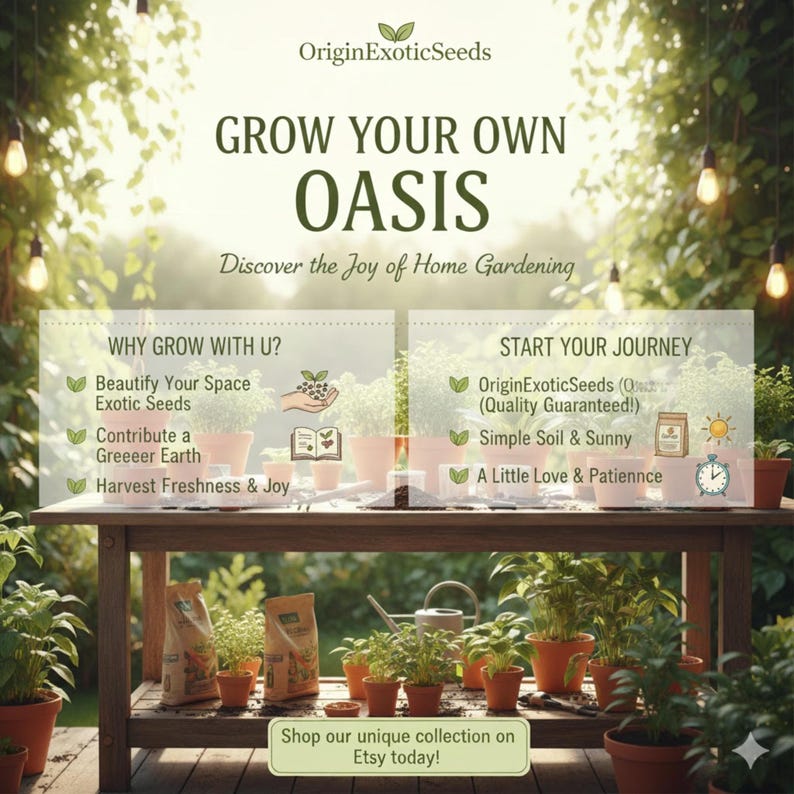Puede incluir: Imagen promocional de OriginExoticSeeds, con el texto "GROW YOUR OWN OASIS". La imagen muestra plantas en macetas sobre una mesa de madera, con texto que destaca los beneficios de la jardiner&iacute;a en casa y una llamada a la acci&oacute;n para comprar en Etsy.