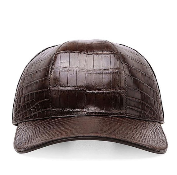 Leather Cap, Brown Embossed Leather Crocodile Cap, Print Crocodile 