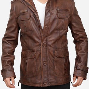 Vintage Style Mens Distressed Brown Leather Jacket Hunting Fishing Safari Travelling Camping Outing Winter Moto Biker Jacket For Men&#39;s