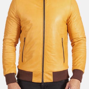 Custom Leather Jacket For Men&#39;s, Handmade Biker Jacket, Yellow Bomber Leather Jacket Men, Genuine Leather Biker Jacket, Personalized Jackets