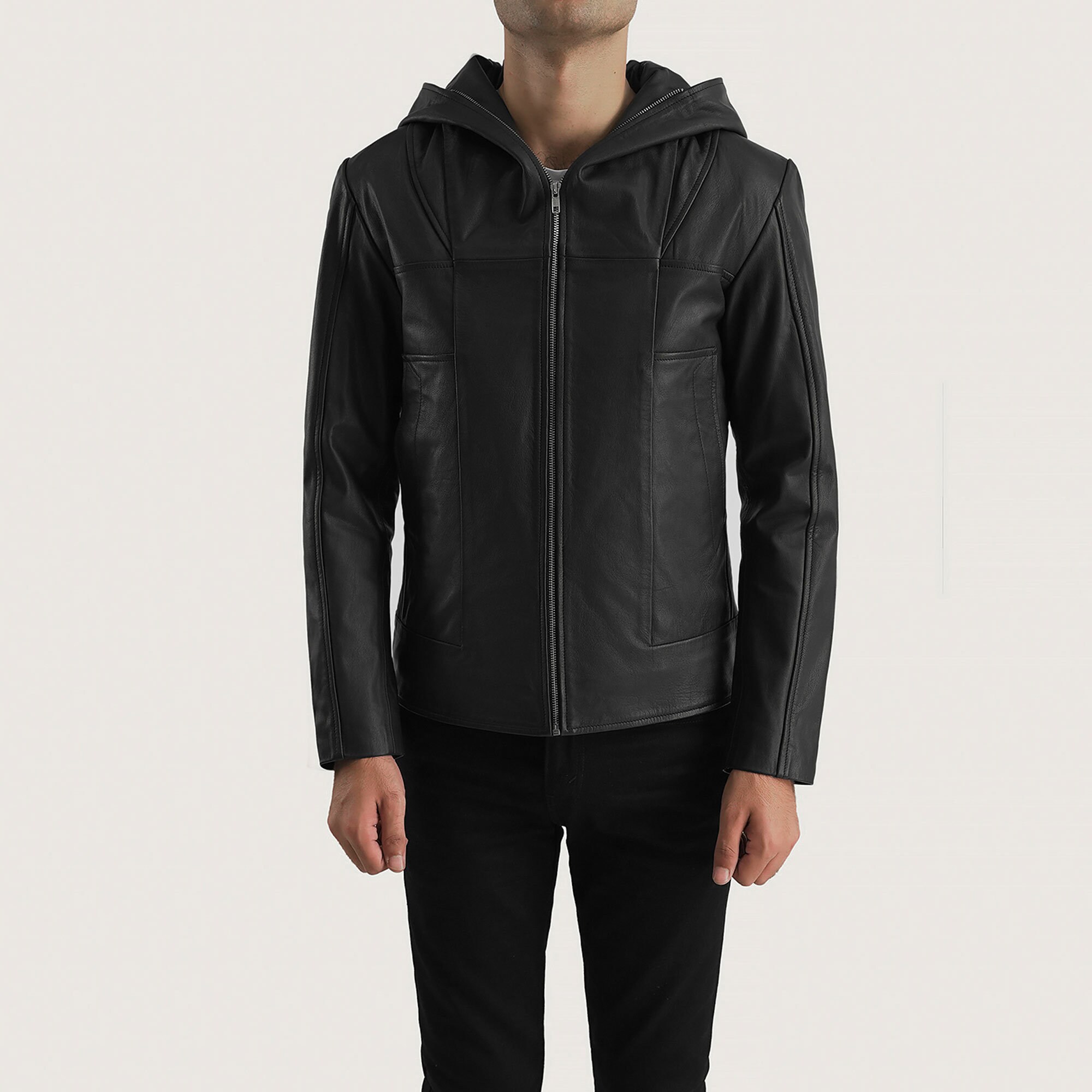 Black Hooded Leather Jacket Leather Jacket With Hood Hooded Leather Coat Leather Hoodie Sheepskin biker jacket Hood Motorcycle Jacket