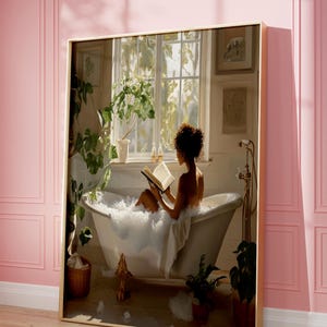 Ölgemälde schwarze Frau in Badewanne, Afroamerikanerbadezimmer-Wandkunst, schwarze Frauenwandkunst, afroamerikanischer digitaler Kunstdruck,