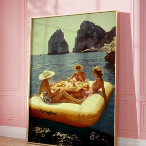 Women Eating Pizza On Water, Pasta Picnic on Lake, Picnic on Lake Eating on Lake Print, Colored Vintage Wall Art, Vintage Wall Art, Picnic
