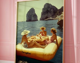 Impression de femmes mangeant de la pizza sur l'eau, pâtes pique-nique sur le lac, pique-nique sur le lac, impression d'art mural vintage coloré, art mural vintage, pique-nique