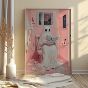 May include: A white ghost wearing a white robe sits on a toilet in a pink bathroom, reading a newspaper. The ghost has black eyes and a white sheet draped over its head.