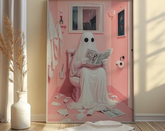 Bathroom art, Halloween Decor, Trendy wall art, cute ghost in bath, funny halloween, pink bathroom, wall art digital download,y2k art, ghost