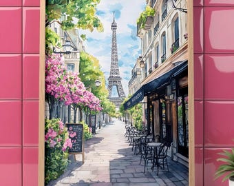Paris Eiffel Tower Art Print, Champs-Élysées Paris Colorful Poster Art,Modern Contemporary French Home, Colorful Floral Flowers Painting,