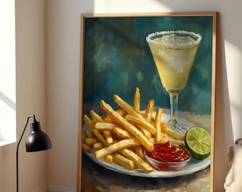 Margarita and French Fries Print, Margarita Print, Cocktail Art, Retro Cocktail Print, Bar Cart Decor, Oil Painting Gift, Dorm Home Wall