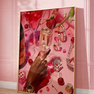 Pokernachtdecor, zwarte vrouw kunst, preppy muurkunst, roze muurkunst, afdrukbare muurkunst, pokernacht retro muurkunst, champagne print, y2k art