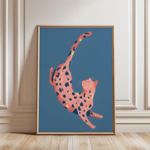 Pink Cat Print, Cat Lover Gift, Whimsical Cat Print, Pink Striped Cat Wall Art, Playful Animal Poster, Modern Kitty Illustration Trendy Wall