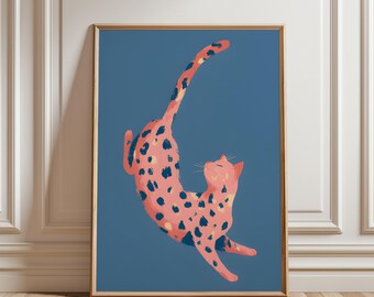 Stampa di gatto rosa, regalo per amanti dei gatti, stampa di gatto stravagante, decorazione da parete con gatto a strisce rosa, poster di animali giocosi, illustrazione moderna di un gattino, decorazione da parete alla moda