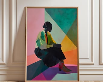Black Woman Wall Art, Bold Abstract Portrait of a Woman, Minimalist Geometric Composition, Colorful Feminine Artwork, Digital Art Black Girl