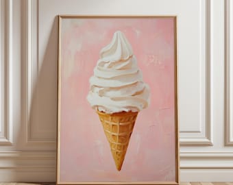 Pink Vanilla Ice Cream Cone Painting, Gelato Print, Ice Cream Poster, Food Art Poster, Dessert Room Decor, Pink Preppy Wall Art, Pastel Room