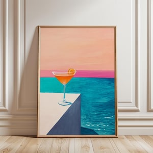 夏のカクテルプリント、ピンクのプレッピーバーカートアートプリント、抽象的なミニマリストのレトロなカクテルと海のプリント、現代アートのレトロなバーカート