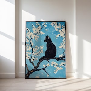 Cat Poster, Floral Print, V Gogh Almond Blossoms Cat Print, Cat Poster Cute Black Cat Print, Vincent Gogh Cat Poster, Funny Cat Art, digital