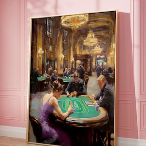 Impresión artística de casino, decoración de noche de póquer, escena de juego vintage, arte de juego de cartas digital, impresión artística de casino con clase, escena de vida nocturna elegante, arte y2k