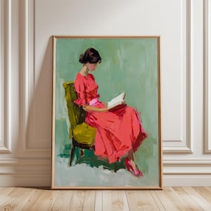 Woman Reading Poster, Book Lover Wall Art Print, Reading Nook Library Decor, Whimsical Retro Girly Poster, Eclectic Vintage Wall Decor,