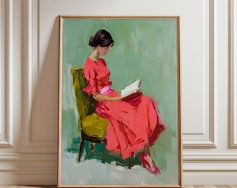 Woman Reading Poster, Book Lover Wall Art Print, Reading Nook Library Decor, Whimsical Retro Girly Poster, Eclectic Vintage Wall Decor,