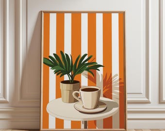 May include: A framed art print featuring a still life scene. A potted green plant and a cup of coffee on a saucer sit on a small, round table. The background has orange and white vertical stripes. The artwork is displayed on a wooden floor.