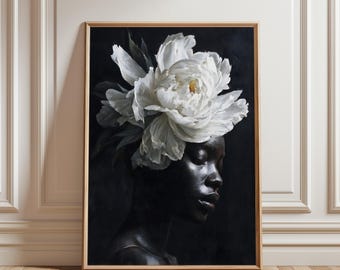 Zwarte vrouw hoofd bloemen kunst aan de muur, meisje bloemen poster, bloemenvrouw poster, zwarte kunst, zwart meisje print, zwarte mode kunst, zwarte vrouw kunst