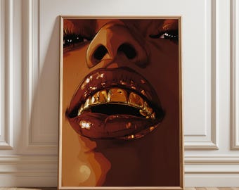 Black Woman Gold Grill Art, Fashion Print (Digital Download)