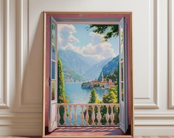 May include: A framed landscape painting depicts a scenic view through an open window. The artwork showcases a serene lake surrounded by mountains and lush greenery. The window frame is light brown, and the interior wall is pink.