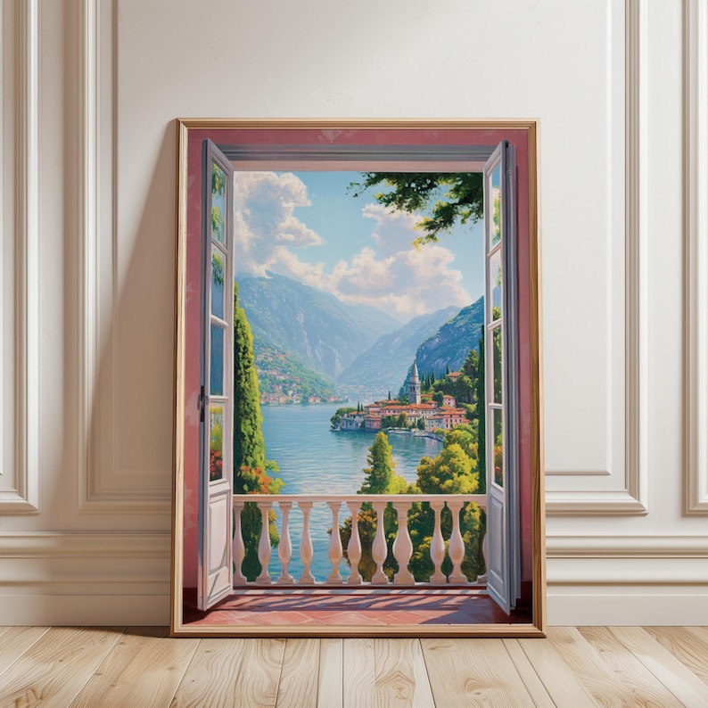 May include: A framed landscape painting depicts a scenic view through an open window. The artwork showcases a serene lake surrounded by mountains and lush greenery. The window frame is light brown, and the interior wall is pink.
