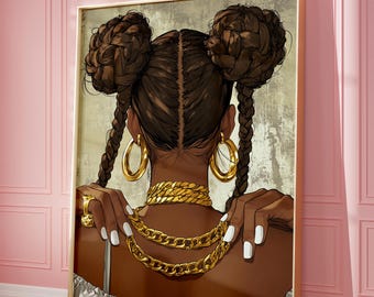 May include: A digital illustration of a woman with braided hair in two buns, wearing a white top and multiple gold chains around her neck.