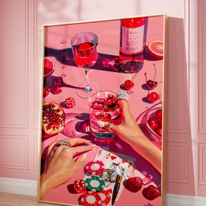 Déco soirée poker, art mural BCBG, déco cocktail, art mural rose, art mural imprimable, soirée poker rétro, impression table de poker, impression whisky