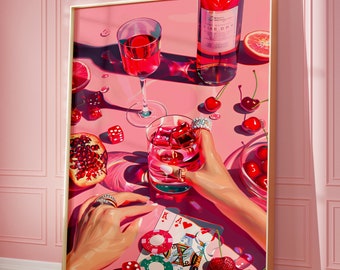 Decoración de noche de póker, arte mural preppy, decoración de cócteles, arte mural rosa, arte mural imprimible, decoración retro de noche de póker, impresión de mesa de póker, impresión de whisky