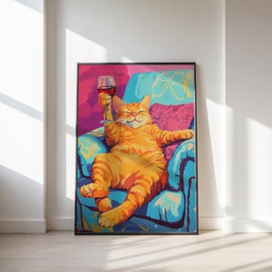 マティーニを持つ黒猫のアートプリント、カクテルアート、バーカートの装飾、猫のポスター、ワインプリント、ファインアートのトレンディな猫のポスター、カラフルなキッチンの装飾、