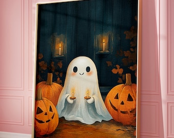 Halloween Printable Wall Art, Pumpkin and Ghost, Trendy Wall Art, Halloween Gallery Collage Wall Art, Ghosts Print, Printable Halloween Wall