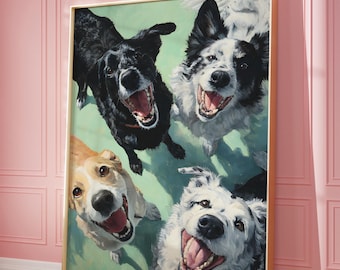 Smiling Dogs Oil Painting, Funny Pet Decor (Digital Print)