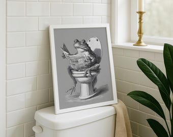 Póster retro de rana, arte digital de rana en el inodoro, decoración de pared para baño, decoración de rana para el hogar, impresión divertida para baño, arte de pared peculiar para baño, Y2K