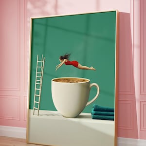 Impresión de póster de Coffee Diver, póster de café de buenos días, regalo para amantes del café, arte de pared de cocina, póster con impresión de tema de café de buceo de buenos días