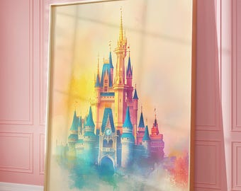 Abstract Magic Castle Painting, Fairytale Castle Print, Pastel Kingdom Wall Art Print, Magical Princess Print, Nursery Wall Art, Kid's Room