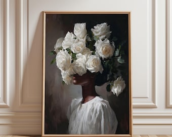 Black Woman Floral Portrait Art Print, Afro Woman, Flower Head (Digital Download)